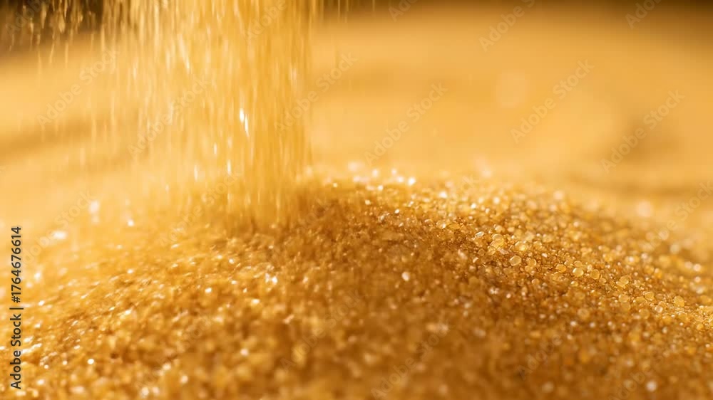 Golden Cascade: Close-up of golden sugar grains pouring down, forming a captivating texture. Illustrating the simple beauty of everyday items.