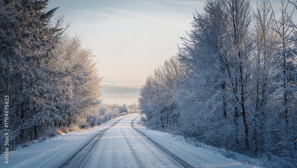Obraz premium Winter scene with a road and trees blanketed in snow
