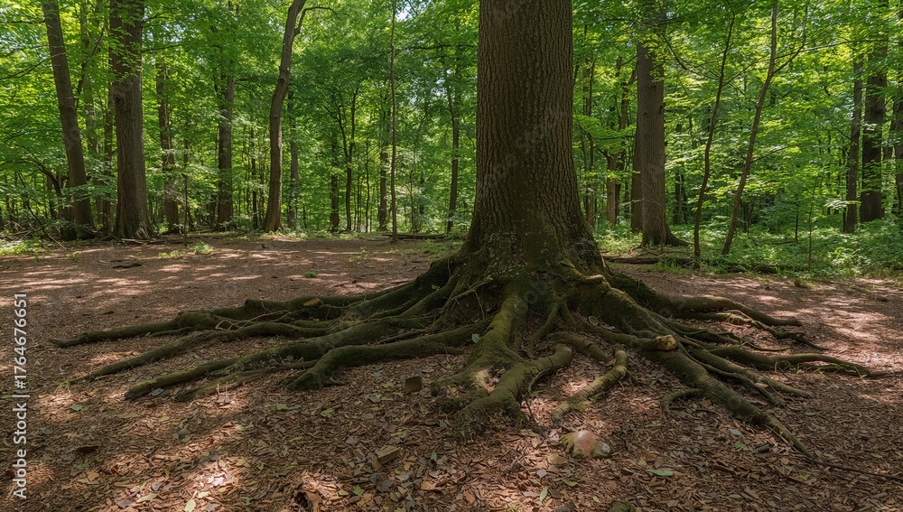 Fototapeta premium Massive tree roots spreading across a park setting with lush greenery and a cool, shaded vibe in the summertime.