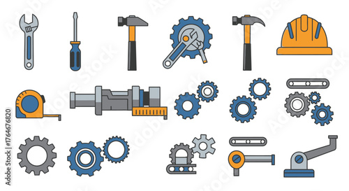 Assortment of Various Hand Tools and Mechanical Gears in Cartoon Style.