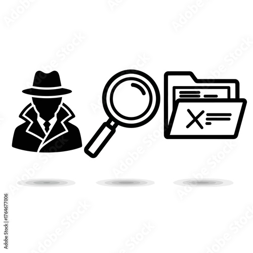 Black Silhouette Detective, Magnifying Glass, and Rejected Document Folder Icons.