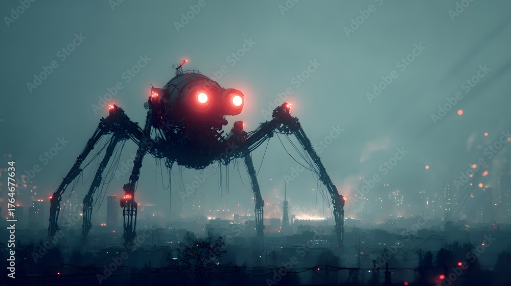 Fototapeta premium Colossal mechanical arachnid looms over a sprawling urban landscape shrouded in mist