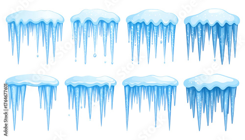 A collection of eight bright blue and white cartoon icicles, varied in size and shape, against a black background