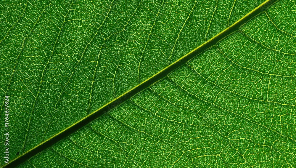 Obraz premium Intense detailed view of leaf vein patterns illuminated by morning light with natural greenery background