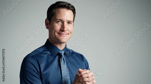 A smiling, well-dressed man in a blue button-down shirt and tie poses against a neutral gray background