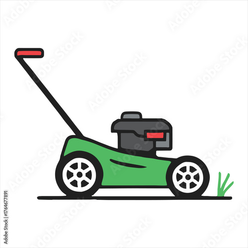 Green push lawn mower with red handle cutting grass on a white background