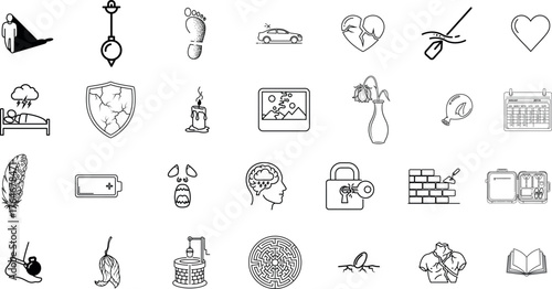 Collection of hand drawn sketch icons representing various concepts and objects in a grid layout