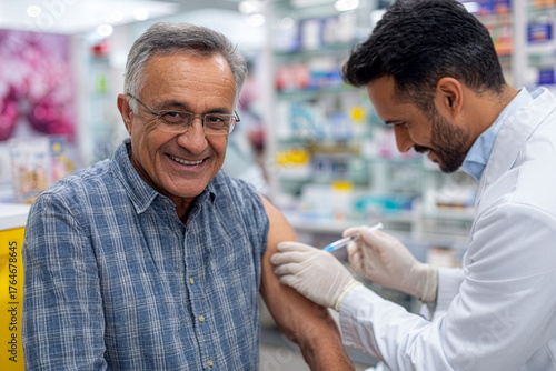 Pharmacy vaccination service - Hispanic senior receiving flu shot from pharmacist at community pharmacy