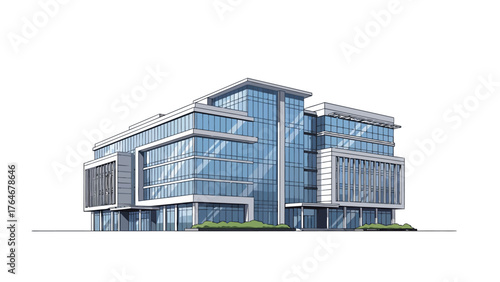 A modern glass office building with a white frame and green bushes