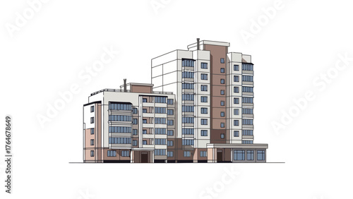 A modern multistory apartment building with balconies and numerous windows