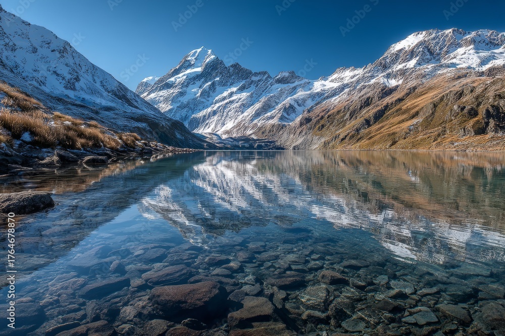 Obraz premium Majestic snow-capped mountain reflections in serene alpine lake landscape