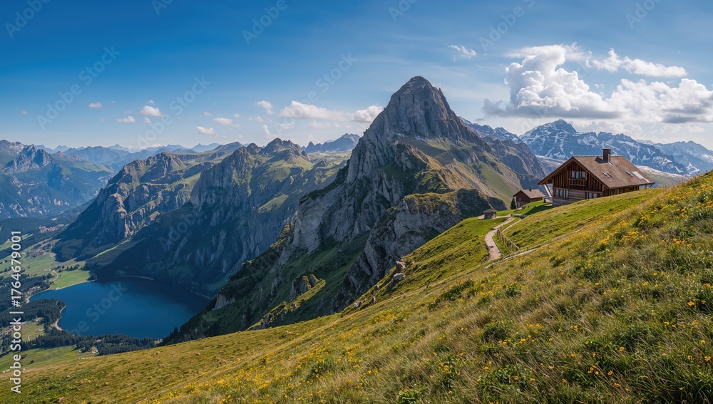 Fototapeta premium Residential buildings viewed from above on lush hillside terrain in mountainous region