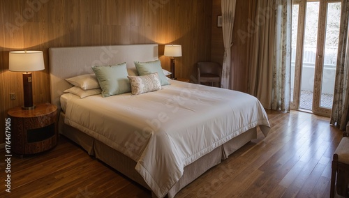 Wallpaper Mural A bedroom featuring a bed covered with a light blanket, accompanied by pillows, lamps, and drapes Torontodigital.ca