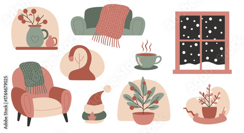 Cozy winter vibes with festive decor, armchairs, warm blankets, and snowy window views creating a charming, inviting, and peaceful holiday atmosphere