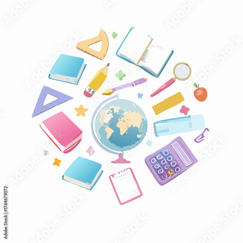 Circular composition of colorful school supplies and stationery for a back to school concept on a white background. Vector illustration of education and learning tools