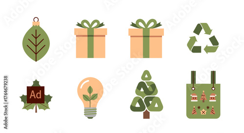 Sustainable Christmas gift ideas and decorations for eco-friendly festive season, including recycling and reusable shopping bag for conscious holiday shoppers