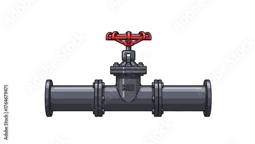 A pixel art image of a dark grey industrial gate valve with a red handwheel