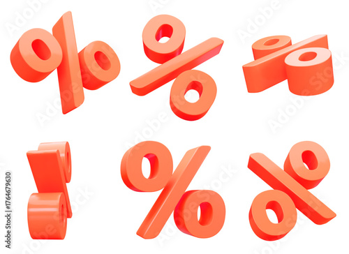 3d set coral percent signs discount with different angles. Voucher gift. Stock vector illustration on isolated background.	
