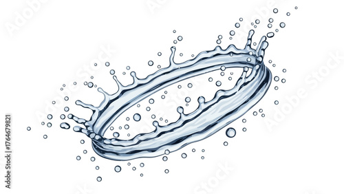 A ring of water splashes with droplets on a white background