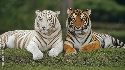 Two tigers—white and orange Bengal—lying side by side on green grass, relaxed and alert, with soft blurred background; striking wildlife nature portrait highlighting stripes, power, and conservation.
