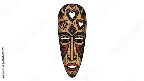 A stylized cartoonlike African mask with heart cutouts