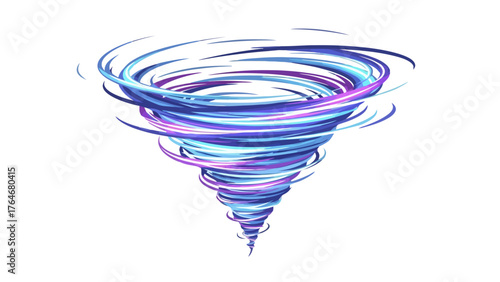 A stylized tornado with swirling blue and purple strokes on a white background