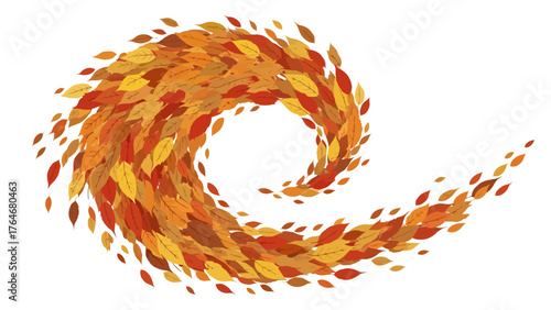 A swirling vortex of autumnal leaves in shades of red orange and yellow