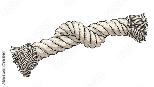 A thick creamcolored rope with a knot in the middle and frayed ends