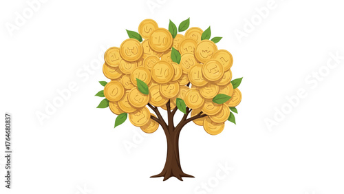 A tree with gold coins as leaves on a white background