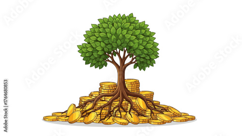 A tree with brown roots growing out of stacks of gold coins