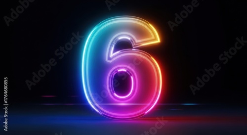 A brightly illuminated number six with a neon glow effect against a dark background.