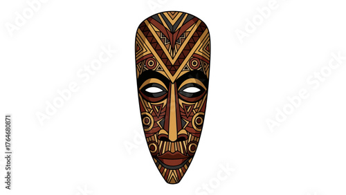 A tribal mask with geometric patterns in brown and yellow