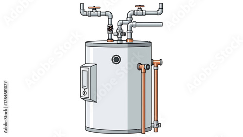 A water heater with exposed pipes and a control panel