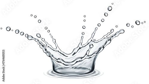 A water splash with droplets frozen midair against a white background