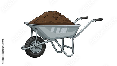 A wheelbarrow filled with dirt on a white background