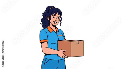 A woman in a blue and orange uniform holds a brown box