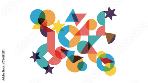 Abstract composition of overlapping translucent geometric shapes in various colors