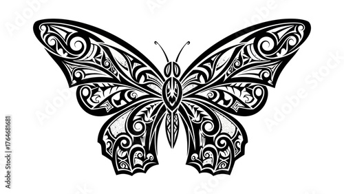 Black and white butterfly tattoo with tribal patterns