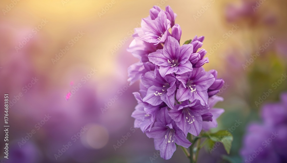 Fototapeta premium Close-up of violet blossoms with a soft, blurred backdrop and empty space