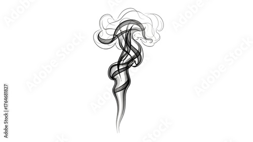 Black smoke rising and swirling against a white background
