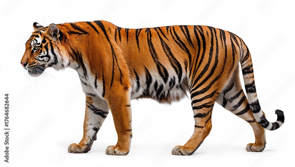 Obraz premium Profile of a Tiger Standing Against a Plain White Backdrop