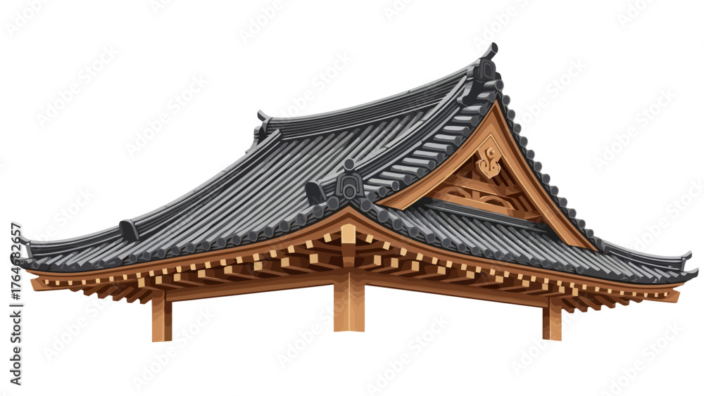 Fototapeta premium Detailed Japanese temple roof with tiled shingles and wooden beams