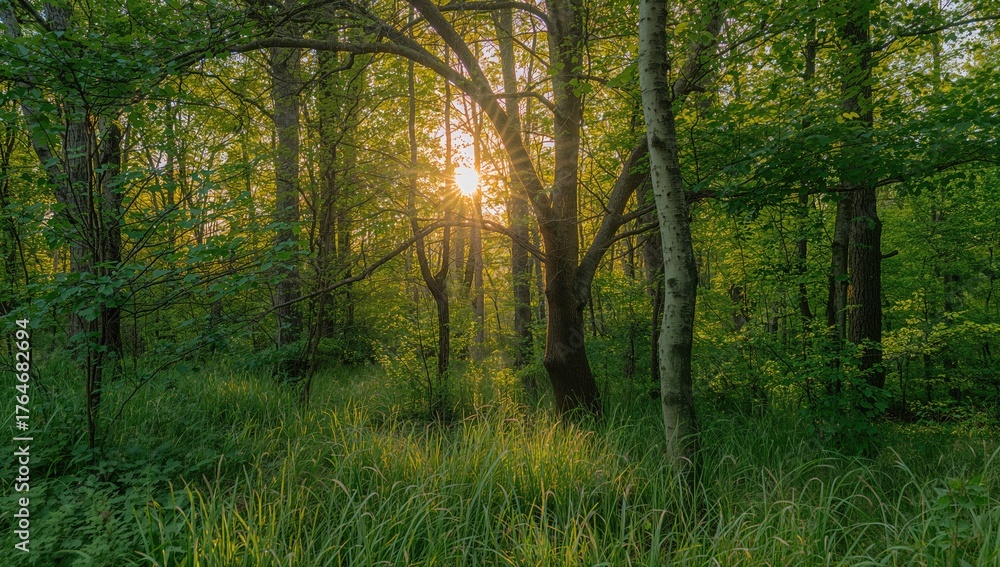 Obraz premium Scenic woodland in spring with sunlight filtering through trees, summer nature backdrop