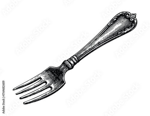 Antique Silver Dinner Fork With Ornate Handle And Detailed Engraving Vintage Cutlery On White Background Patina