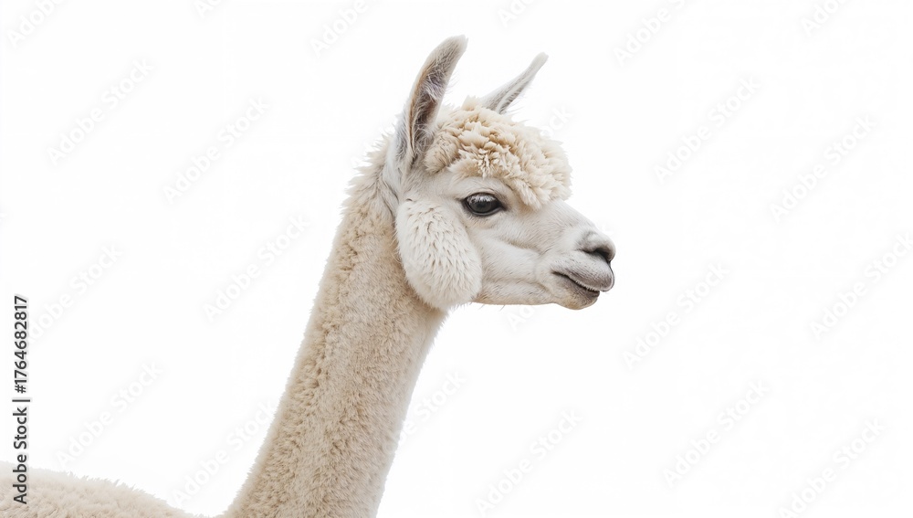 Obraz premium Profile of a light-colored alpaca - Lama pacos, set against a white backdrop