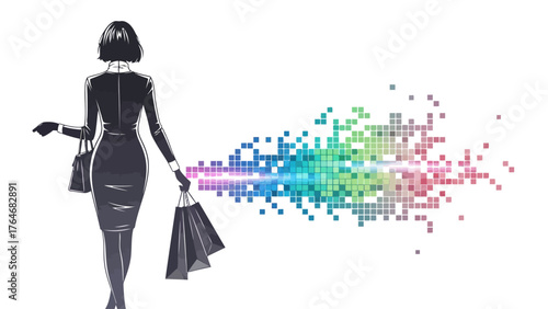 Fashionable woman with shopping bags in front of colorful pixels