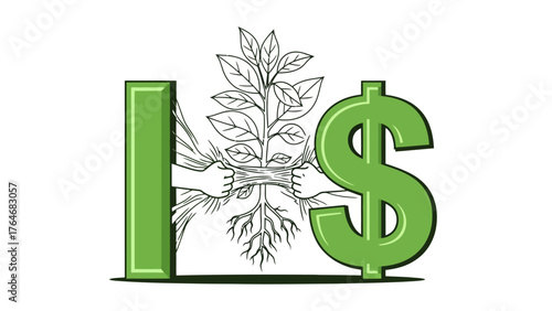 Green dollar sign and plant with roots held by hands