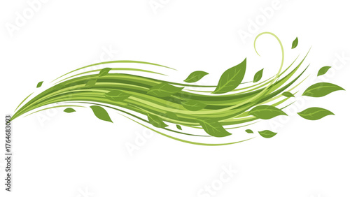 Green flowing lines and leaves against a white background