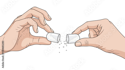 Hands holding open a capsule with powder spilling out