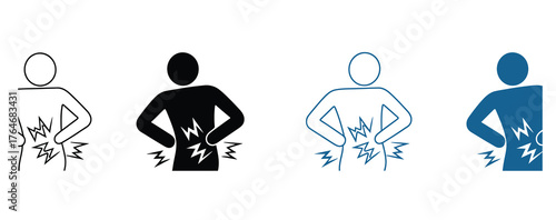 Find relief from back pain with these easy-to-understand medical icons illustrating discomfort and injury, perfect for health education and wellness campaigns, showcasing pain management solutions